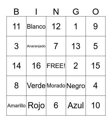 Los Colores y Numeros Bingo Card