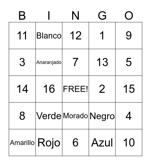 Los Colores y Numeros Bingo Card