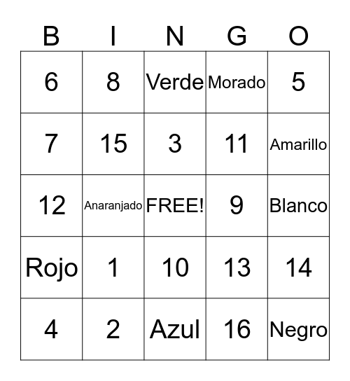 Los Colores y Numeros Bingo Card