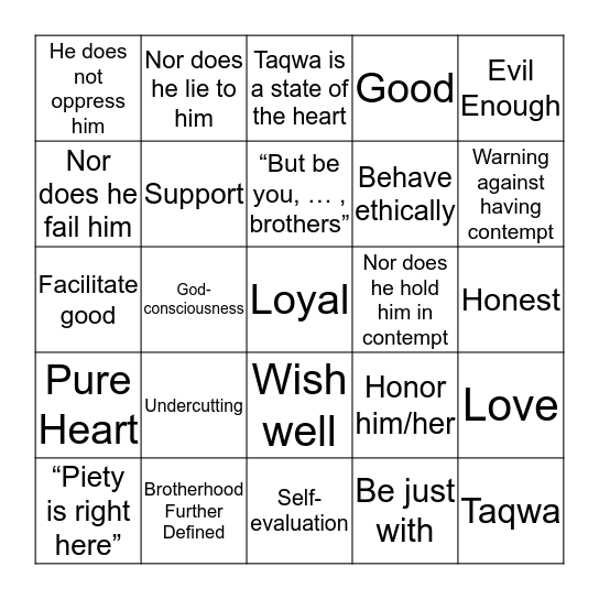 Hadith 35 - The Believer’s Sanctity Bingo Card