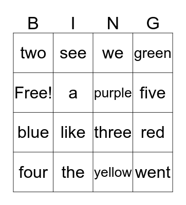 Sight Words Bingo Card