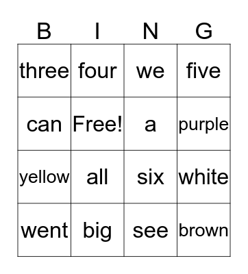 Sight Words Bingo Card