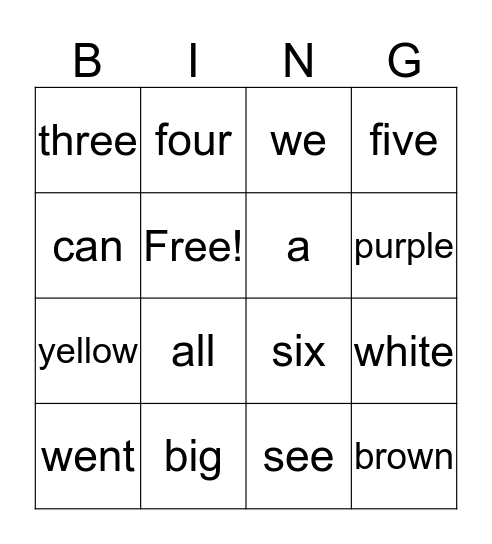 Sight Words Bingo Card