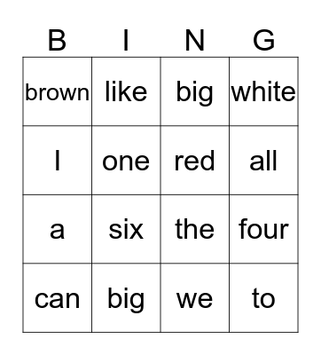 Sight Words Bingo Card