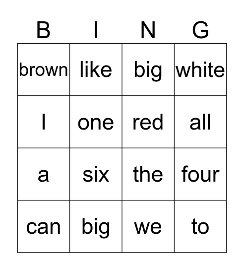 Sight Words Bingo Card