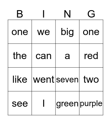Sight Words Bingo Card