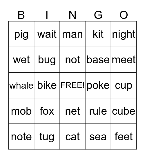 Long and Short Vowel Words Bingo Card