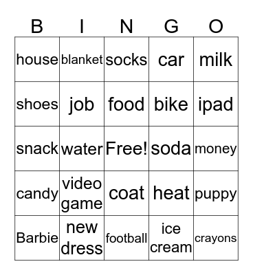 Wants and Needs Bingo Card