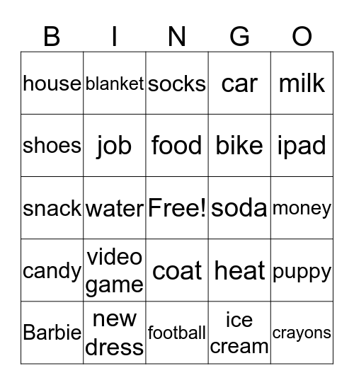 Wants and Needs Bingo Card