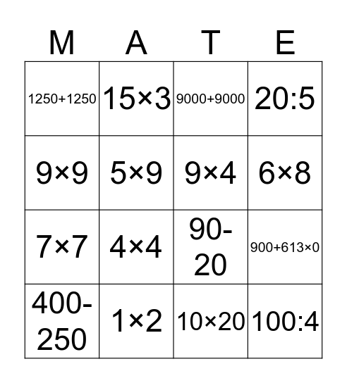 Matemaatika Bingo Card