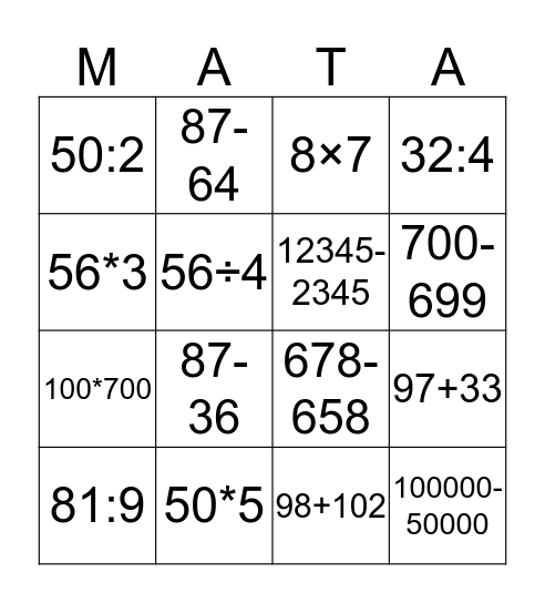 Matemaatika Bingo Card