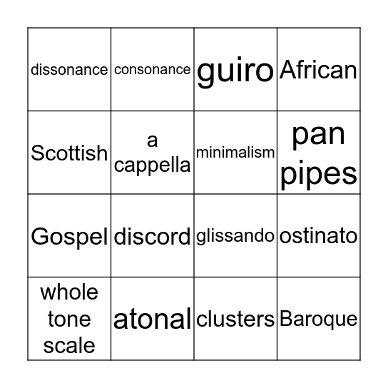 20th Century Music Concepts Bingo Card
