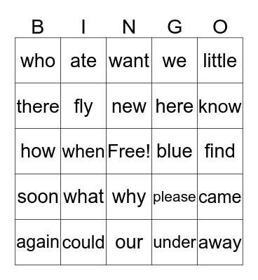 Sight Words Bingo Card