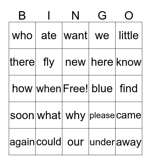 Sight Words Bingo Card