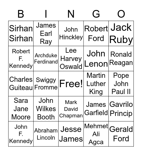 Famous Assassins and Victims Bingo Card