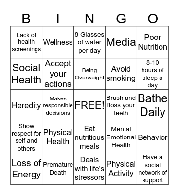 Health and Wellness Bingo Card