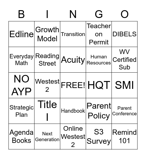 Title I Family Night Bingo Card