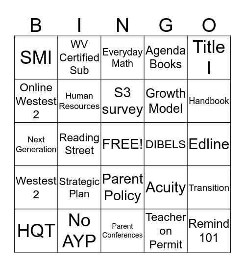 Title I Family Night Bingo Card