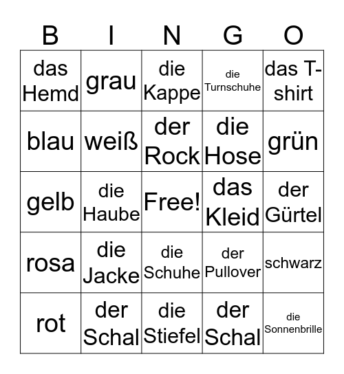 Les vêtements Bingo Card