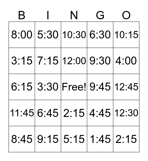 Telling Time Bingo Chart Bingo Card