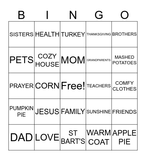THANKSGIVING Bingo Card