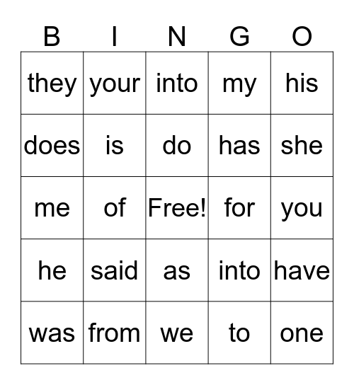 First Grade Sight Words Bingo Card