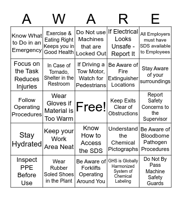 Safety Bingo Card