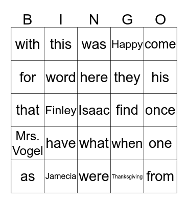Happy Thanksgiving, Isaac, Finley, and Jamecia!!! Bingo Card
