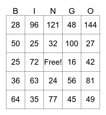 Multiplication Bingo Card