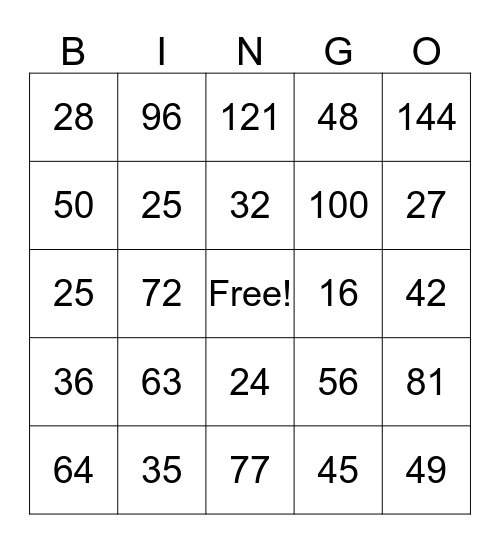 Multiplication Bingo Card