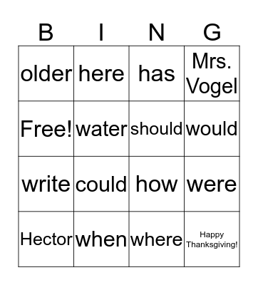 Happy Thanksgiving, Hector! Bingo Card