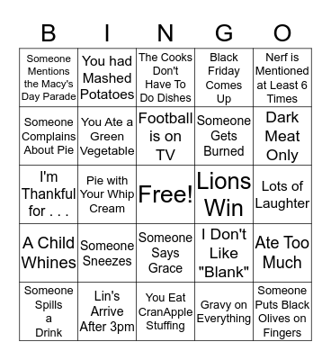 Thanksgiving BINGO Card