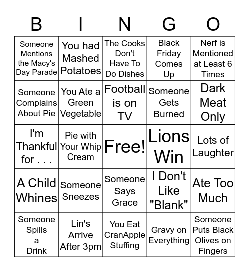 Thanksgiving BINGO Card