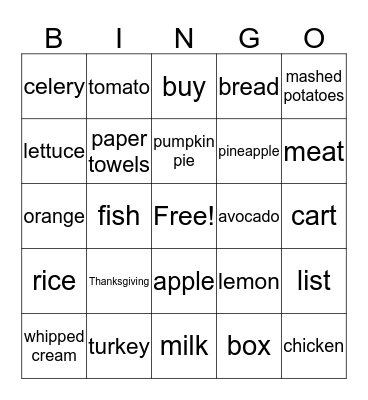 Thanksgiving Foods Bingo Card