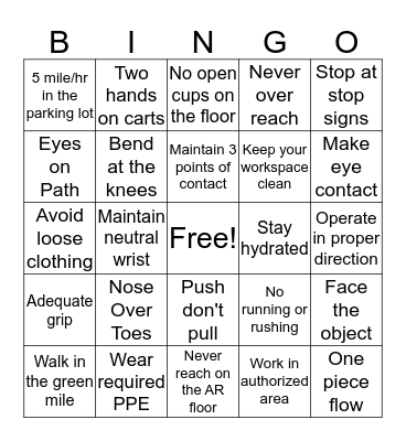 SAFETY BINGO Card