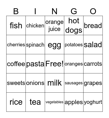Vocabulary Food More 1 Bingo Card