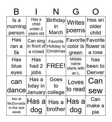 Getting to know one another Bingo Card