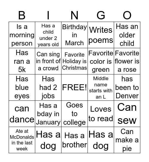 Getting to know one another Bingo Card