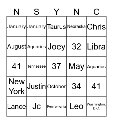 Nsync Bingo Card