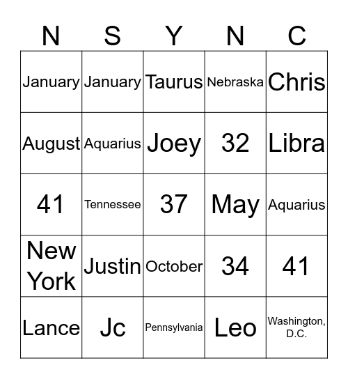 Nsync Bingo Card