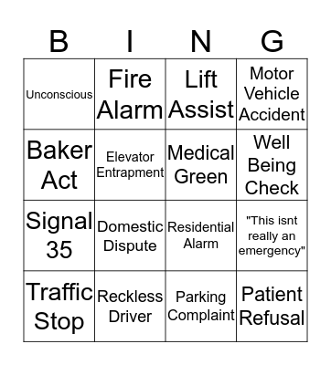 911 Dispatch Bingo Card