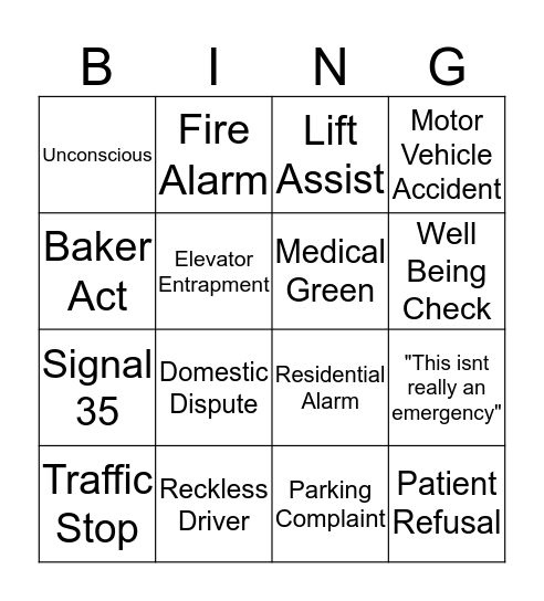 911 Dispatch Bingo Card