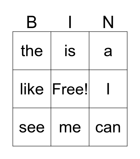 Kindergarten Sight Words Bingo Card