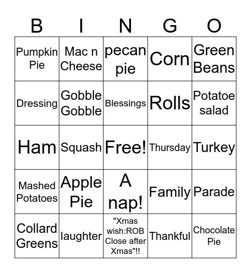 ROB Thanksgiving Bingo Card