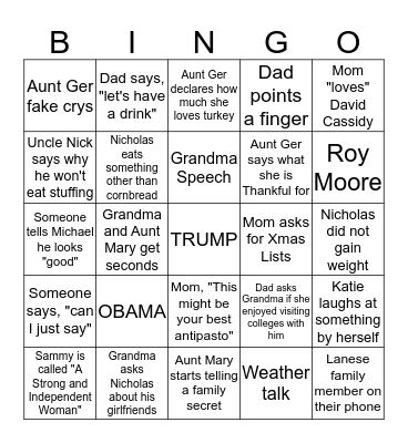 Avillo Family Thanksgiving 2017 Bingo Card