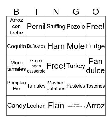 Holiday Food Bingo Card