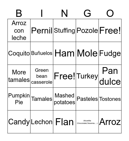 Holiday Food Bingo Card