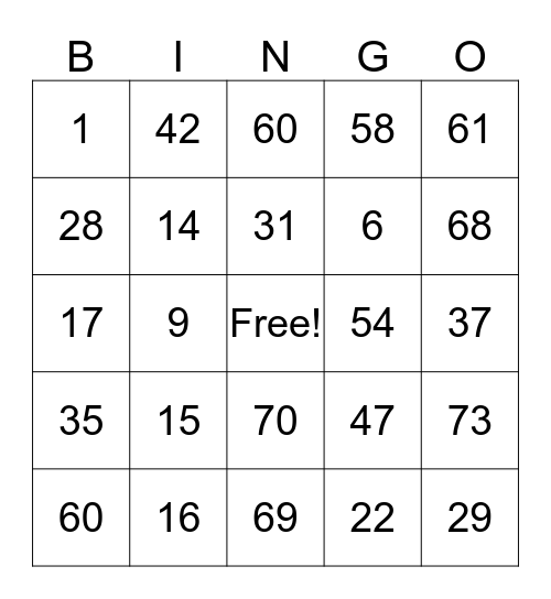 Family Night Bingo Card