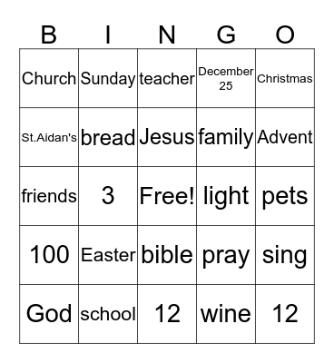Church School Bingo Card