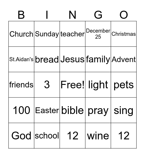 Church School Bingo Card